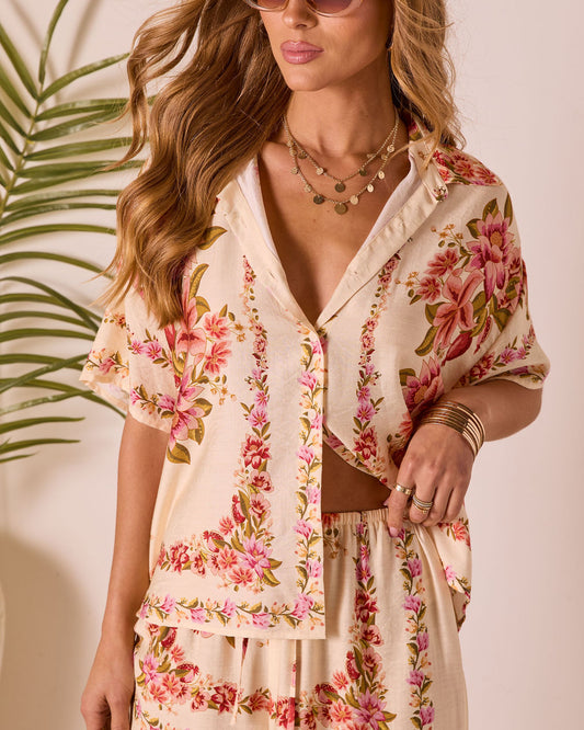 Hibiscus Haze Abstract Printed Button Up Top