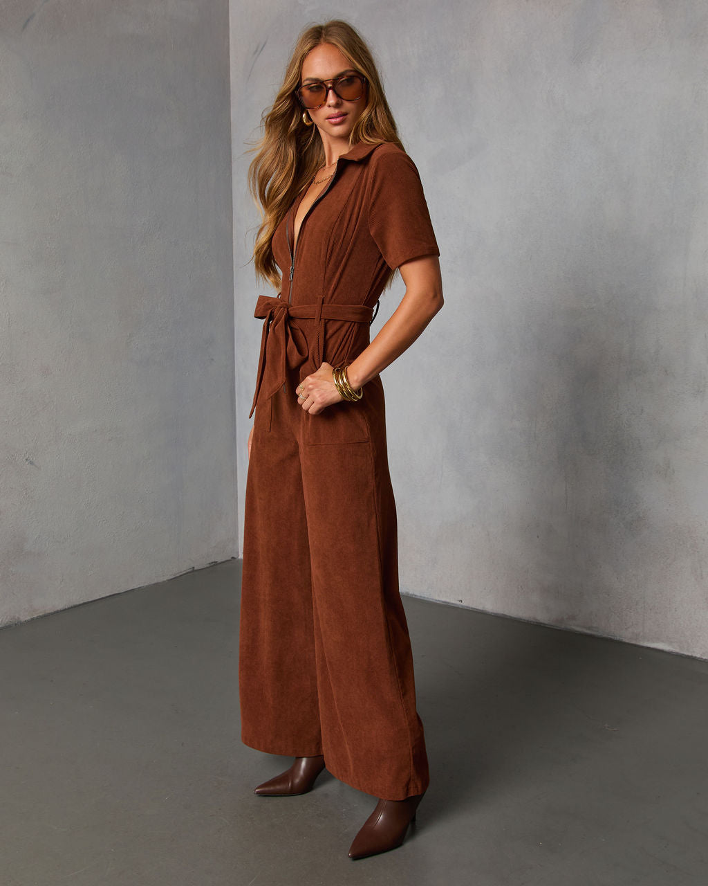 Warm Rust Tie Waist Corduroy Jumpsuit