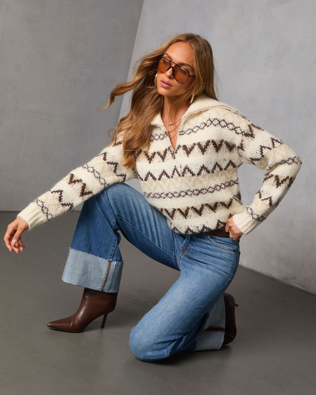 Maple Moon Knit Quarter Zip Print Sweater