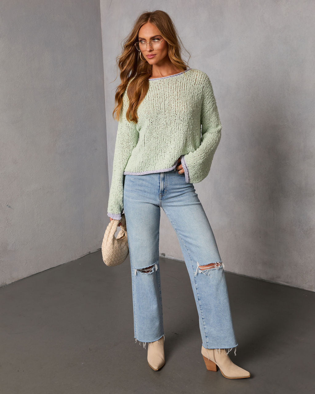 Whisper Frost Knit Contrast Trim Sweater