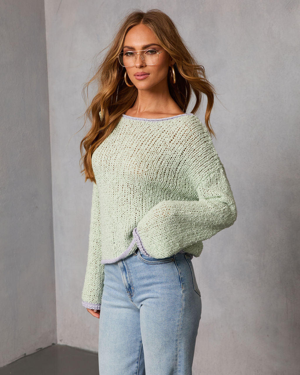 Whisper Frost Knit Contrast Trim Sweater