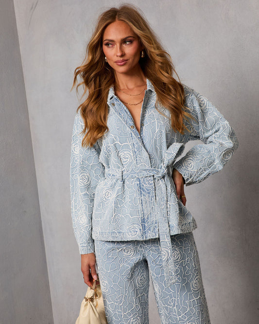 Early Bloom Embroidered Waist Tie Denim Jacket
