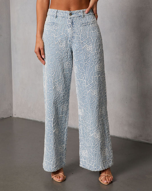 Early Bloom Rigid Embroidered Denim Wide Leg Jeans