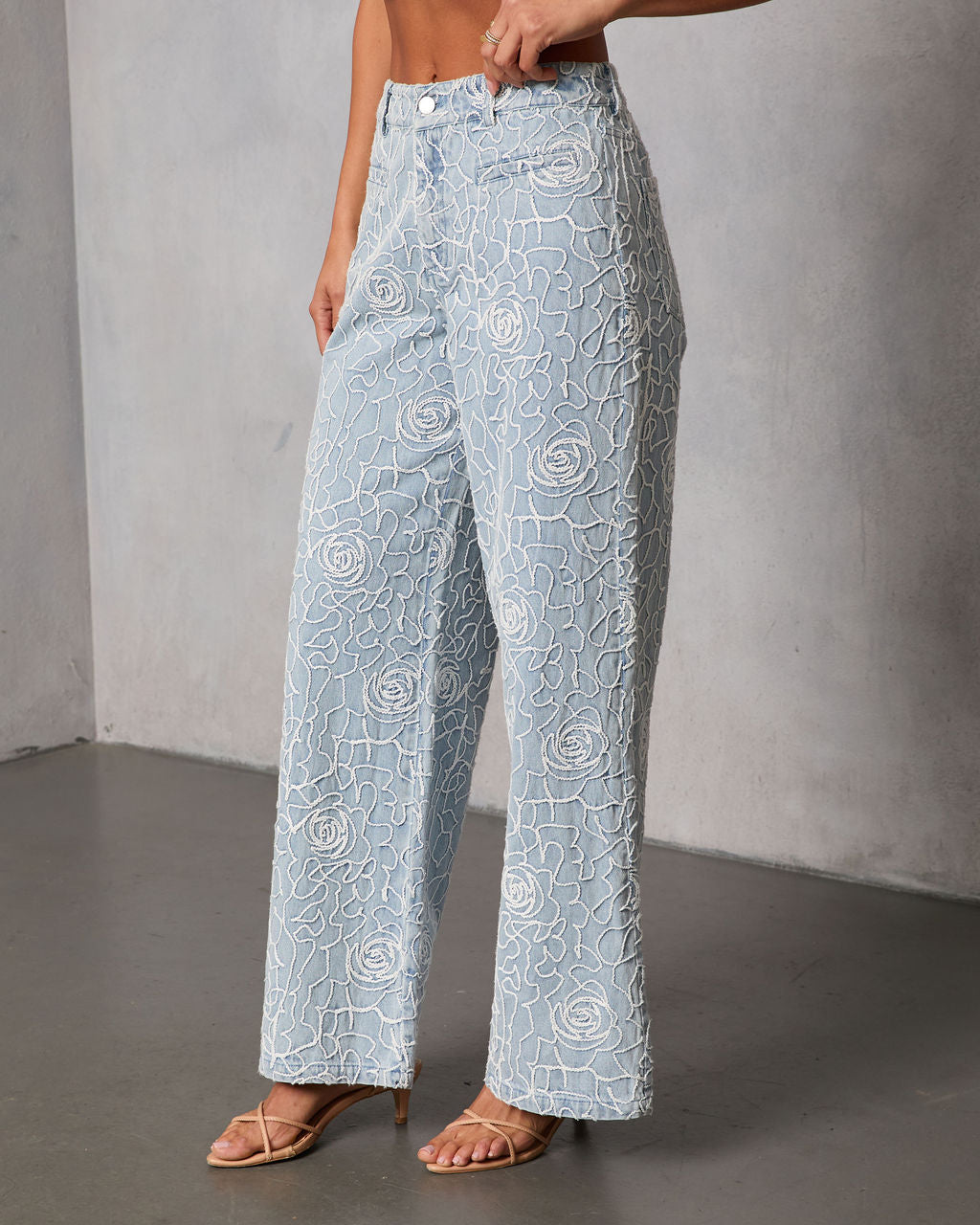 Early Bloom Rigid Embroidered Denim Wide Leg Jeans