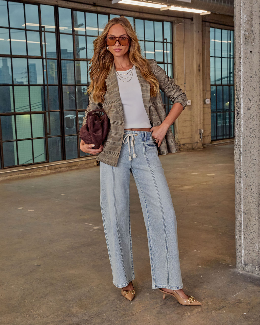 Berner Stretch Drawstring Pintuck Wide Leg Jeans