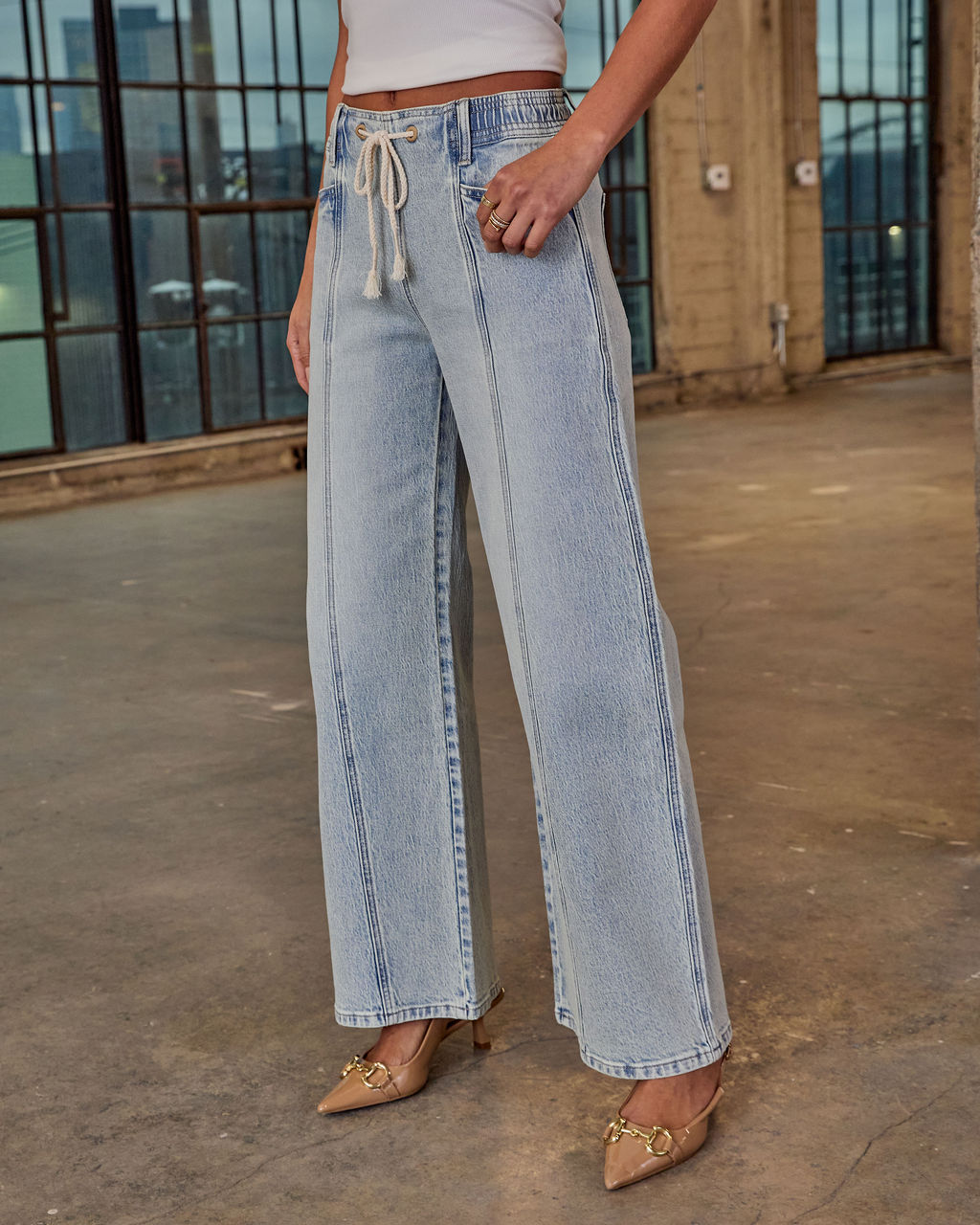 Berner Stretch Drawstring Pintuck Wide Leg Jeans