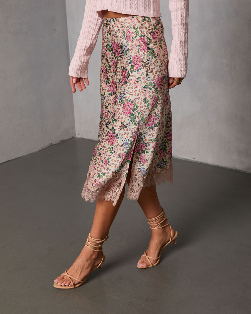 Oleandra Satin Lace Trim Midi Skirt