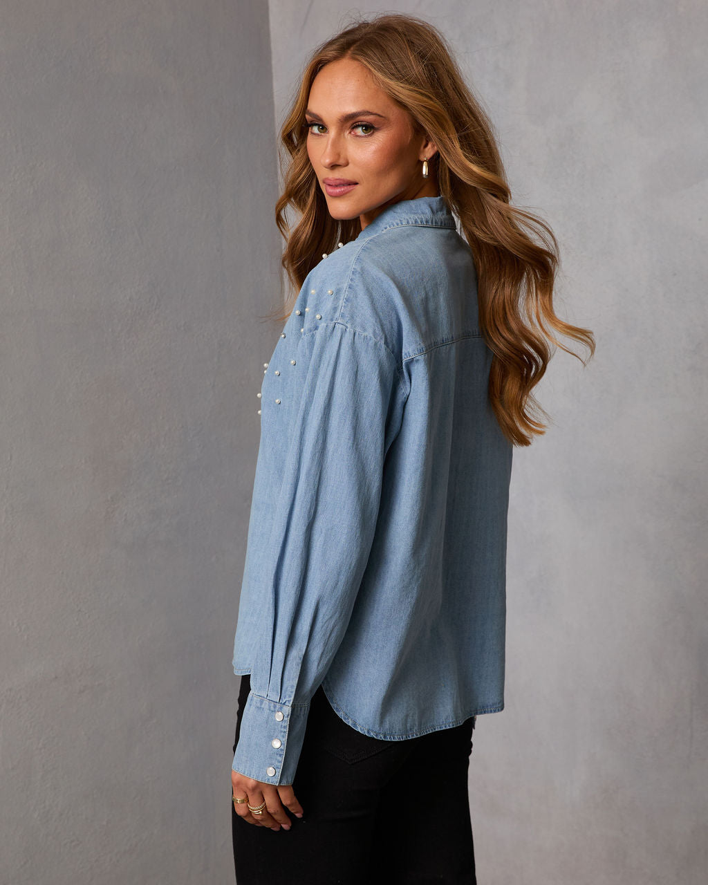 Essential Ease Embellished Button Up Denim Top