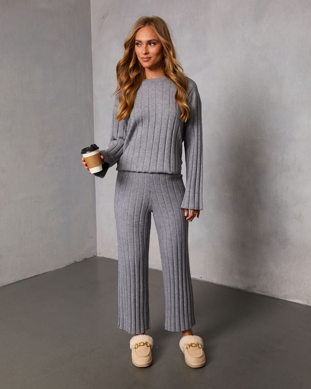 Homebody Hour Ribbed Knit Flare Leg Pants