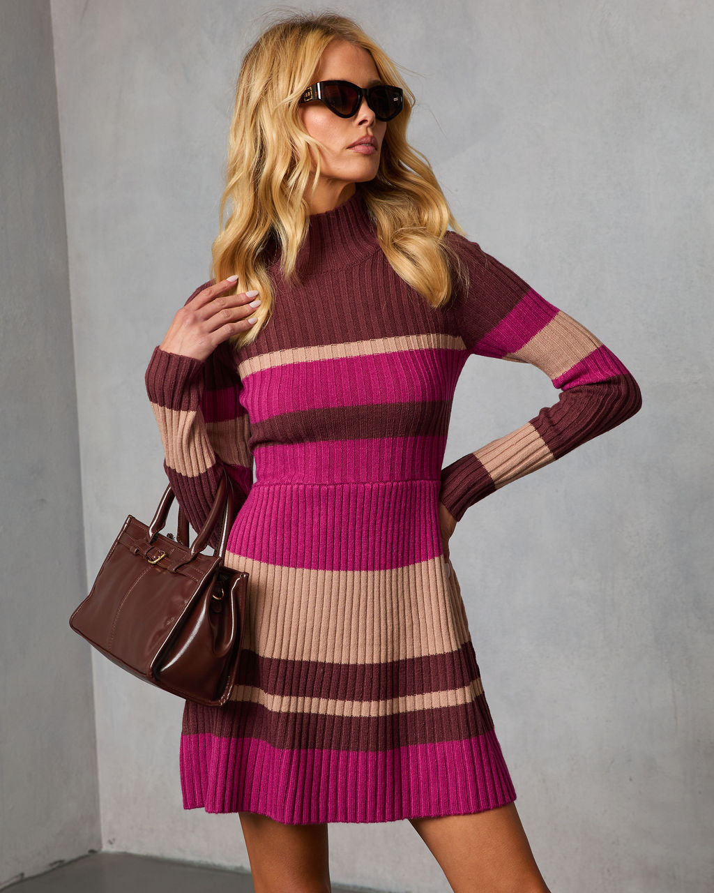 Noeme Striped Mock Neck Knit Mini Dress
