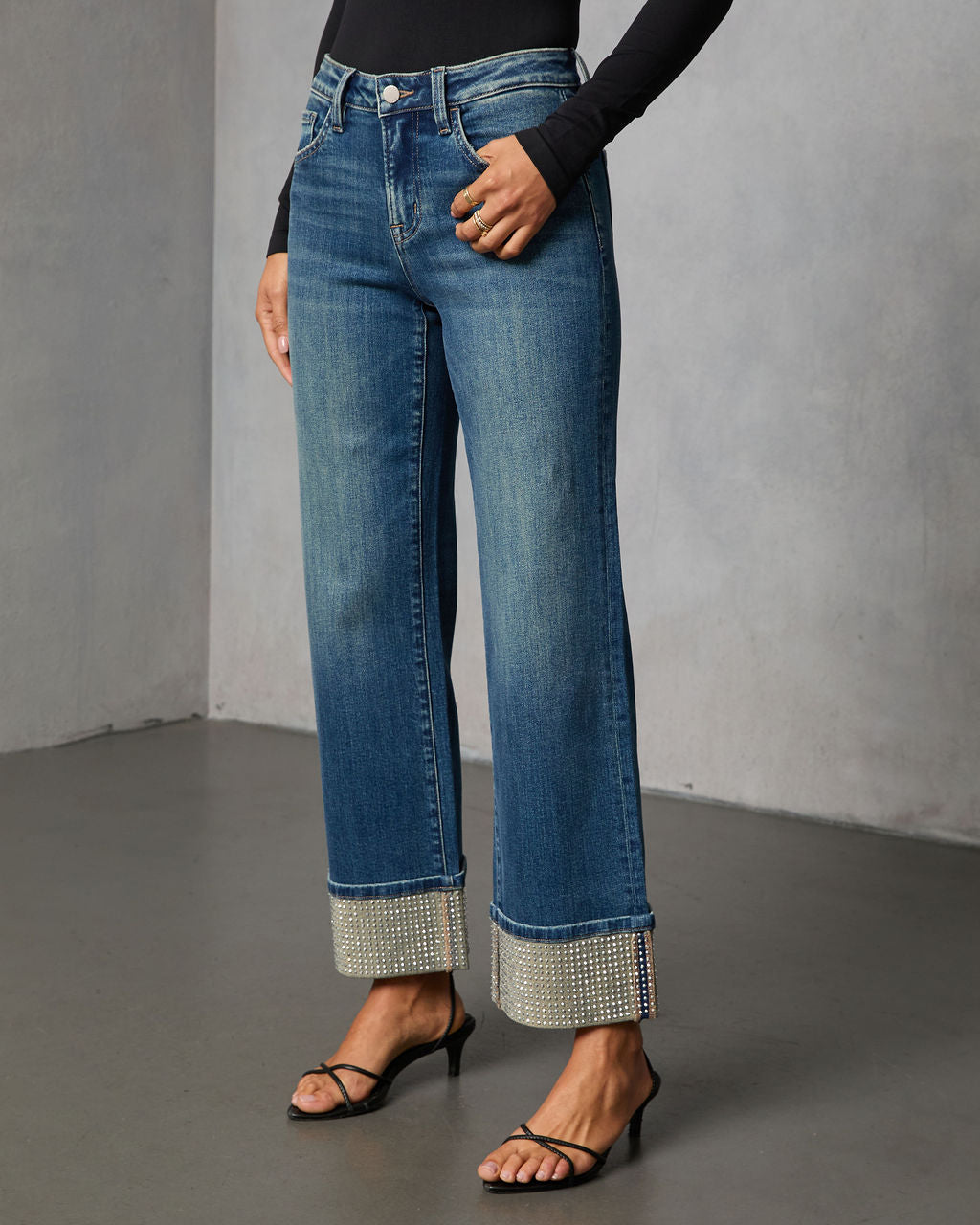 Sparkle Season Stretch Wide Leg Embellished Cuff Jeans