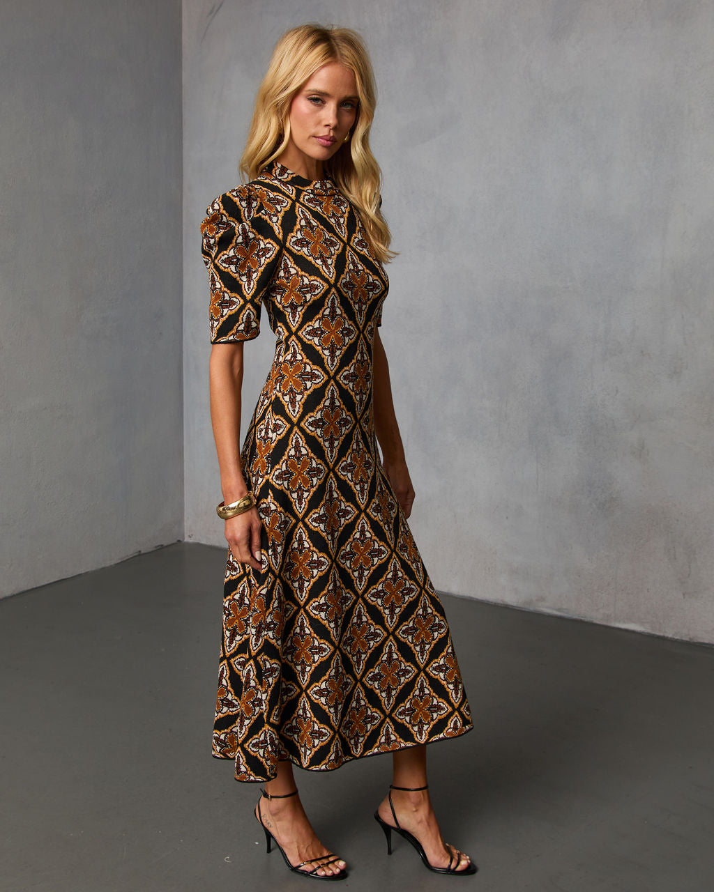 Olivyne Printed Mock Neck Knit Midi Dress