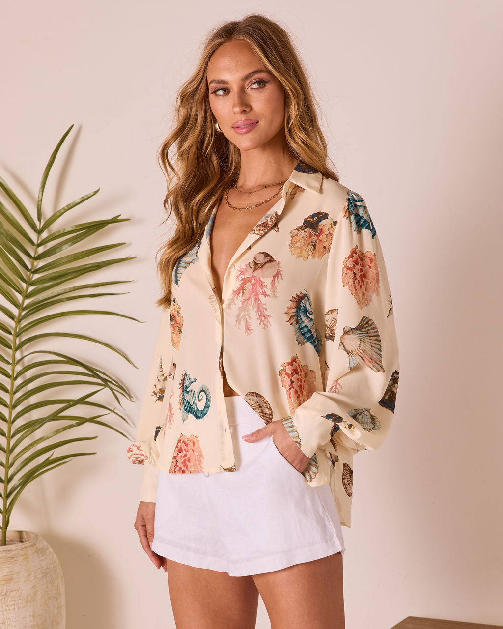 Ocean Whisper Sea Life Print Button Up Top