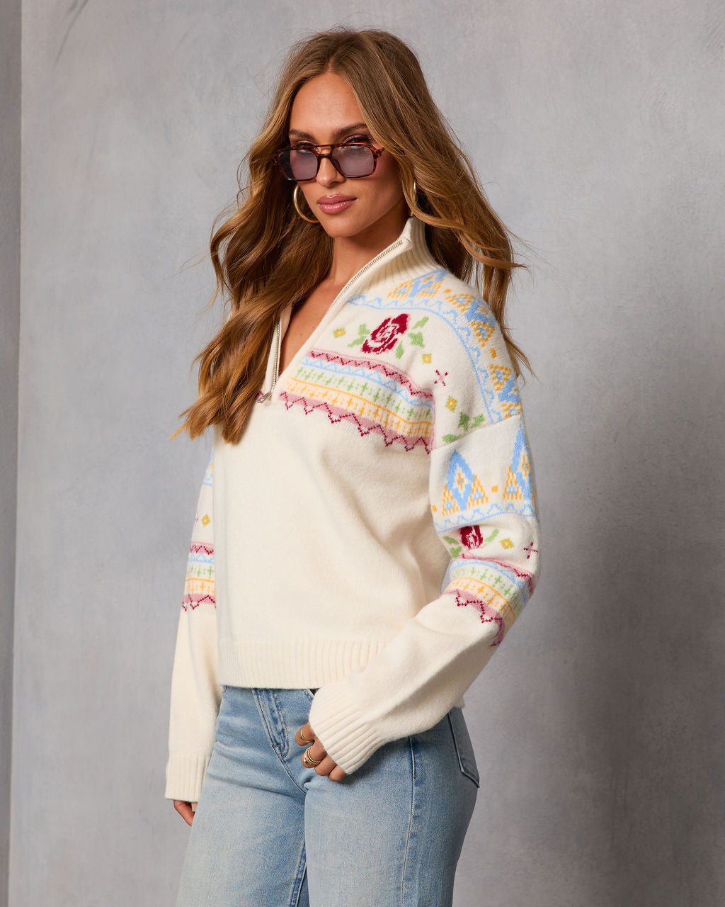 Snowy Delight Fair Isle Quarter Zip Sweater