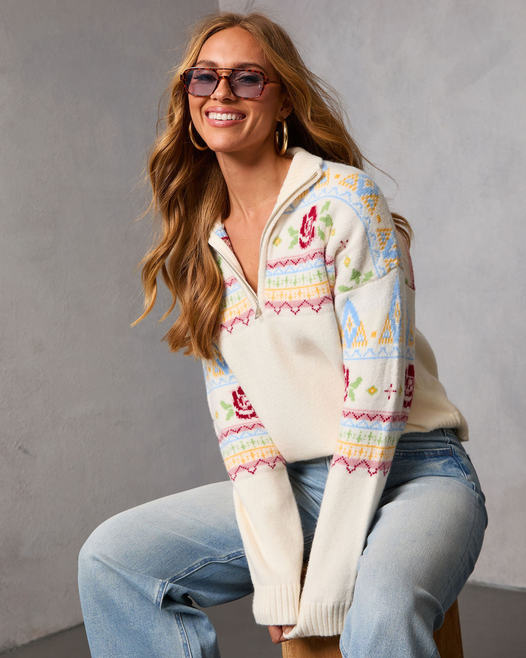 Snowy Delight Fair Isle Quarter Zip Sweater