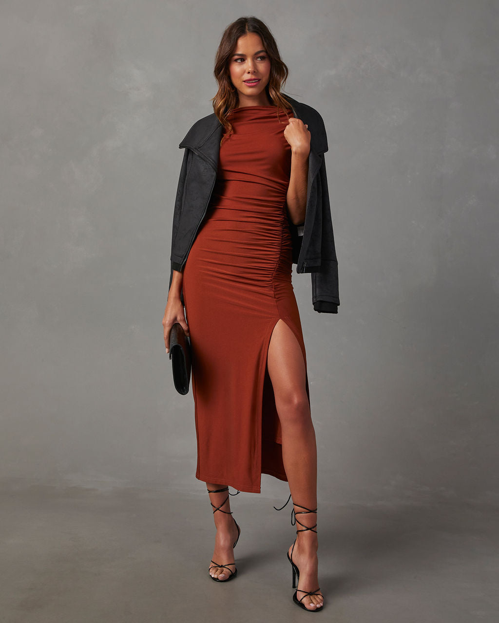 Elisabeth Mock Neck Side Slit Ruched Midi Dress