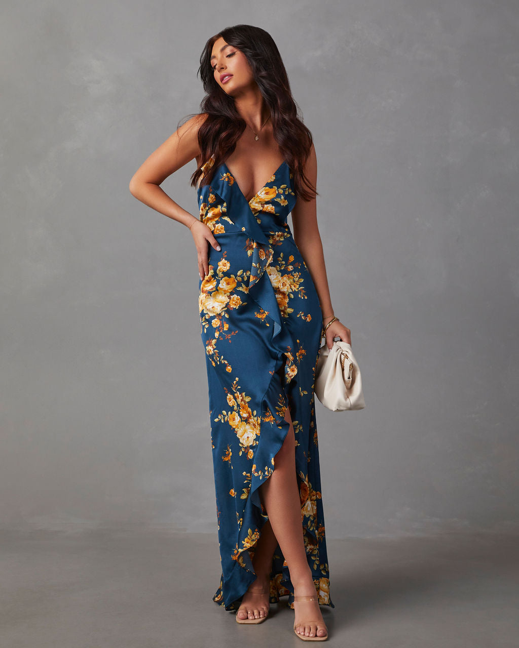 Capriccio Satin Floral Ruffle Maxi Dress