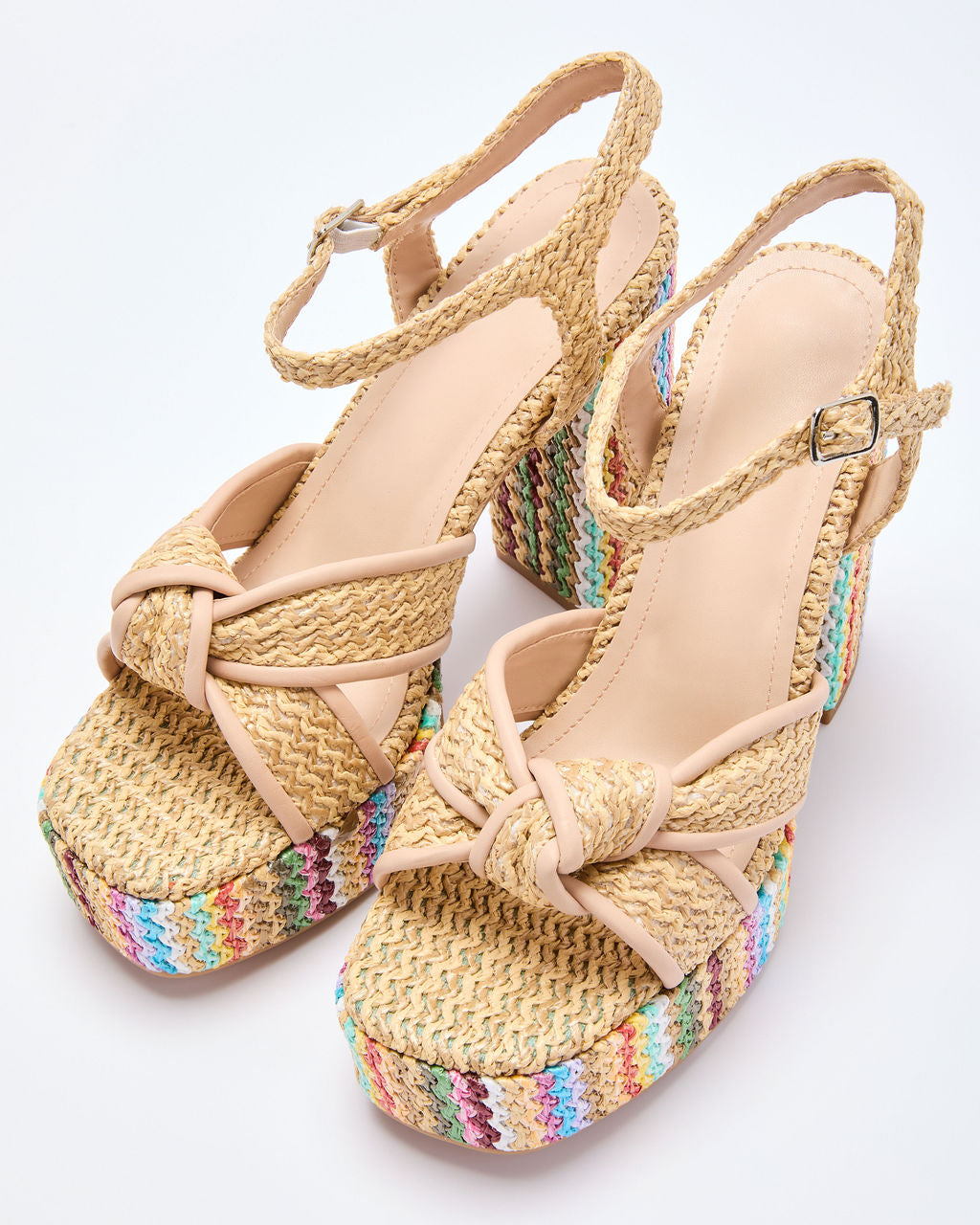 Vacay Vibes Multi Color Embroidered Platform Raffia Heels