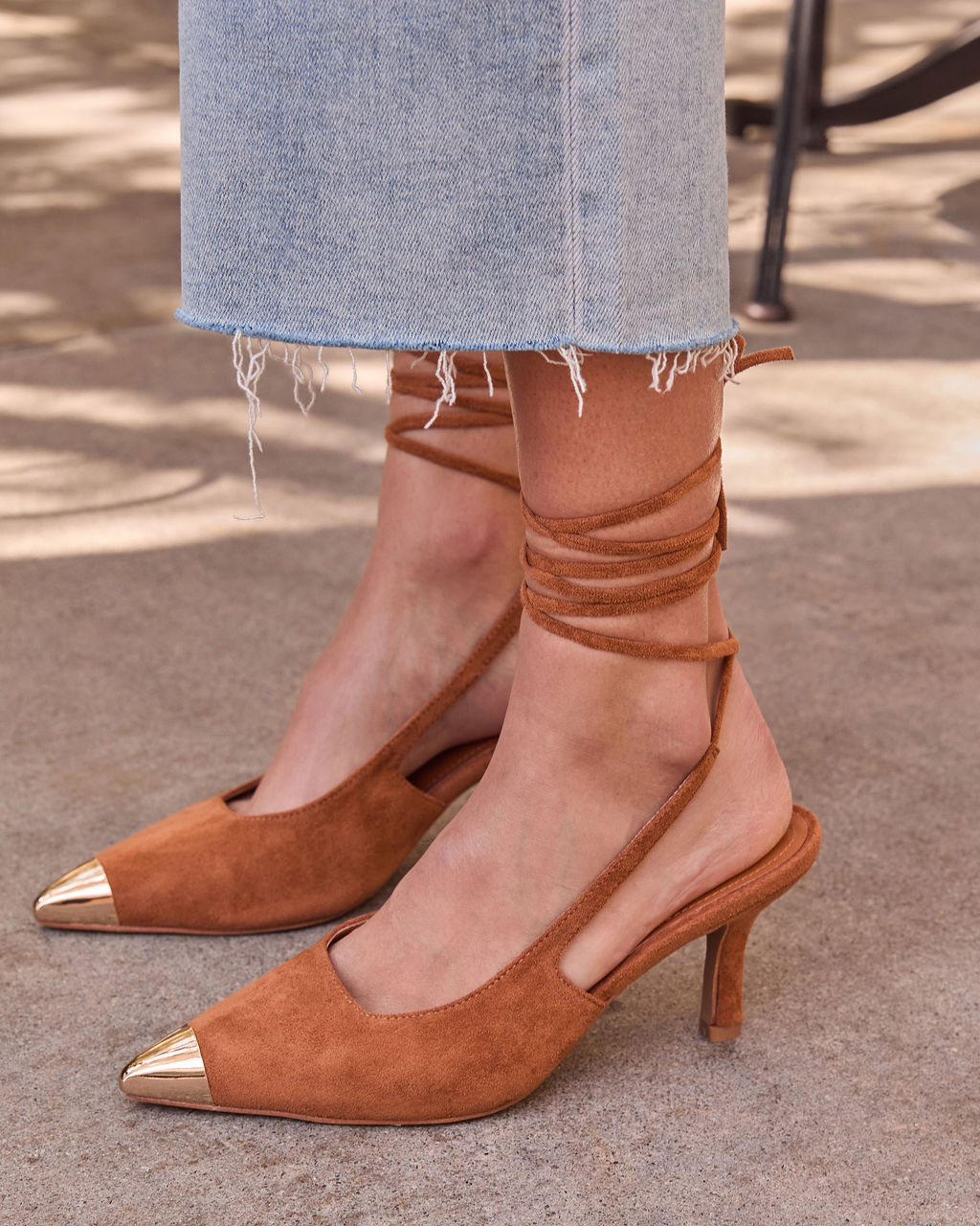 Louder Suede Metal Toe Lace Up Heels
