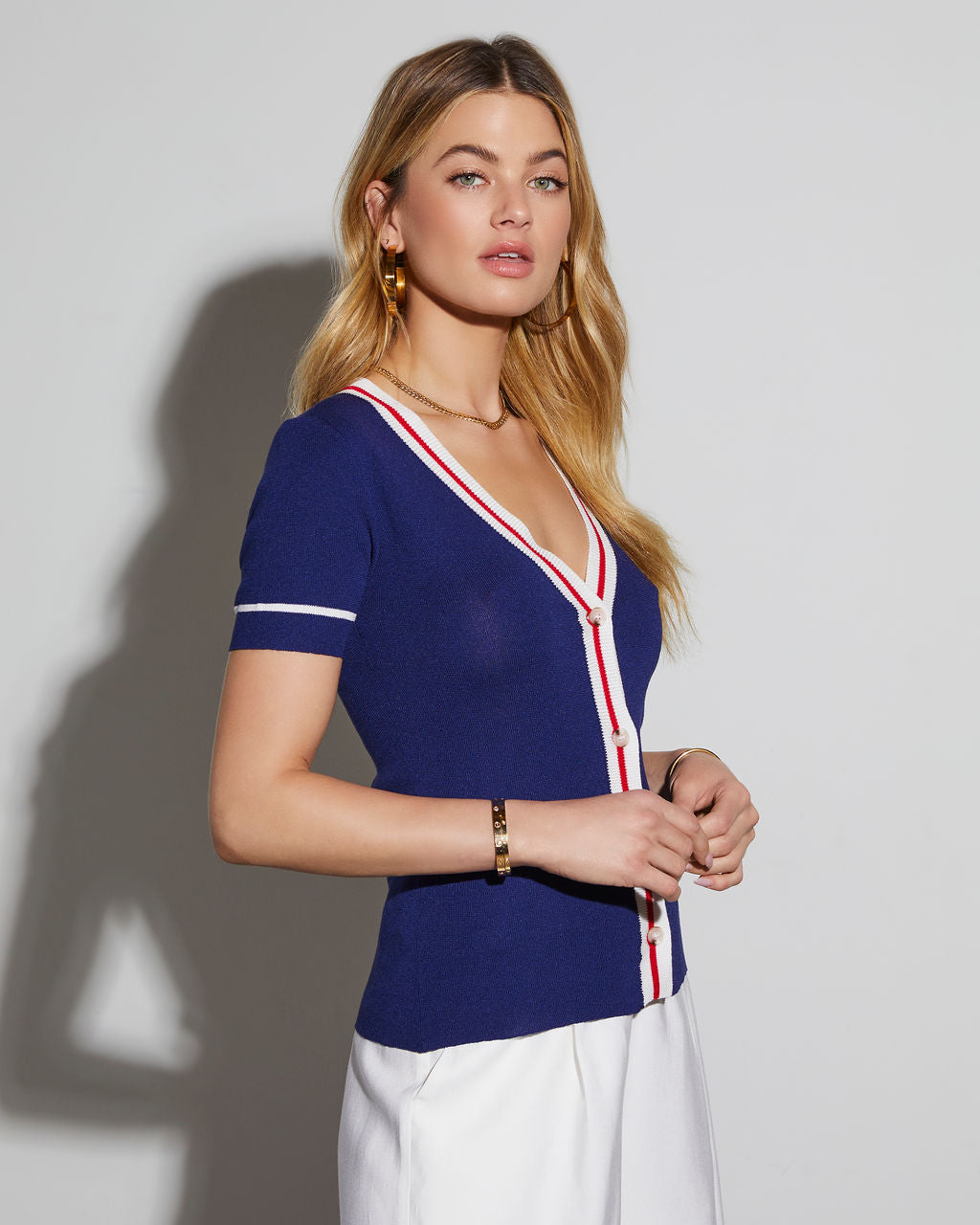 Shulmas Striped Short Sleeve Button Up Top