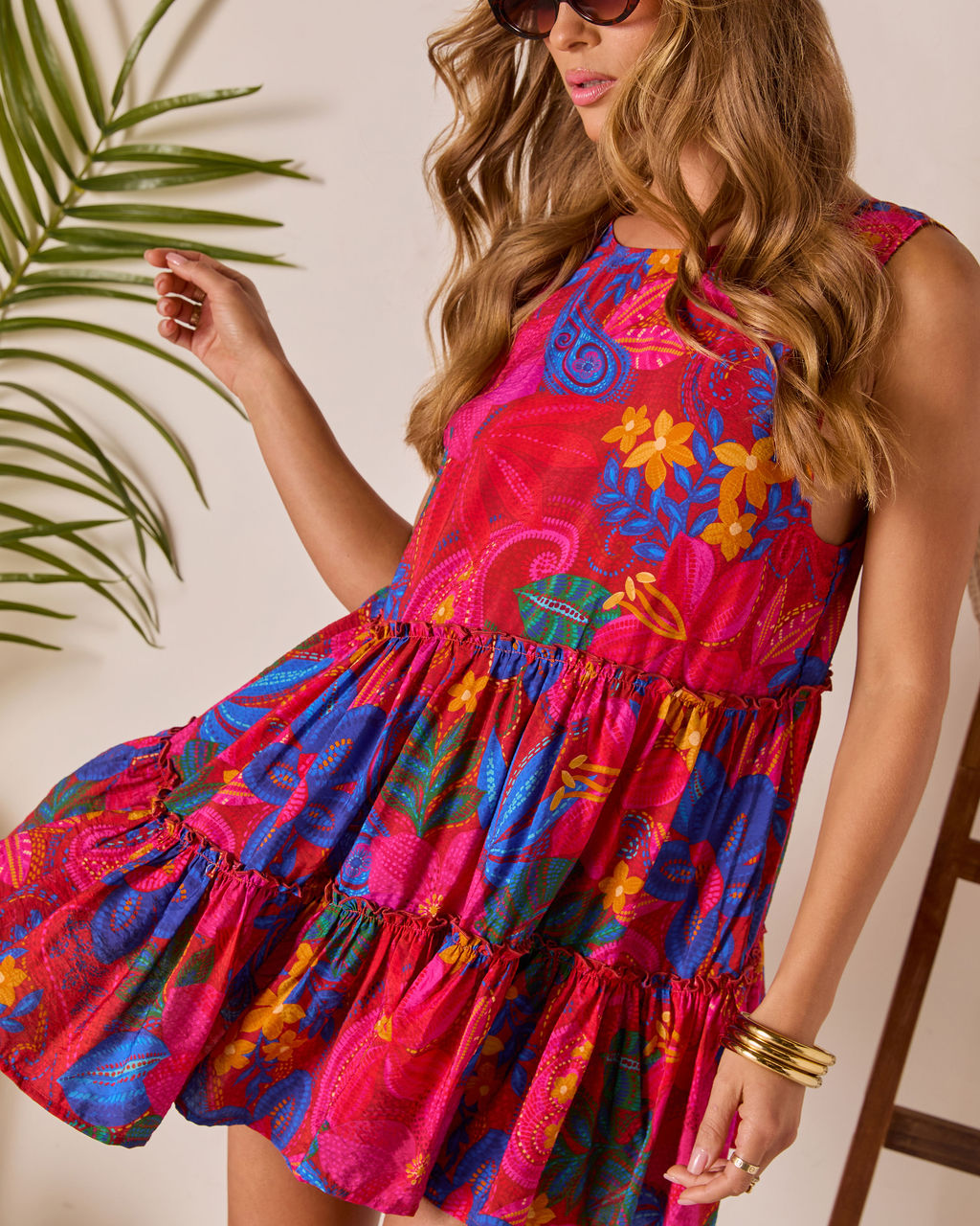 Beachside Blossom Abstract Tiered Mini Dress