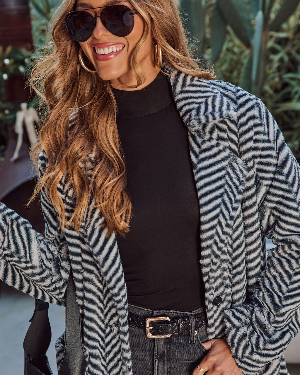 Noellah Herringbone Print Faux Fur Coat