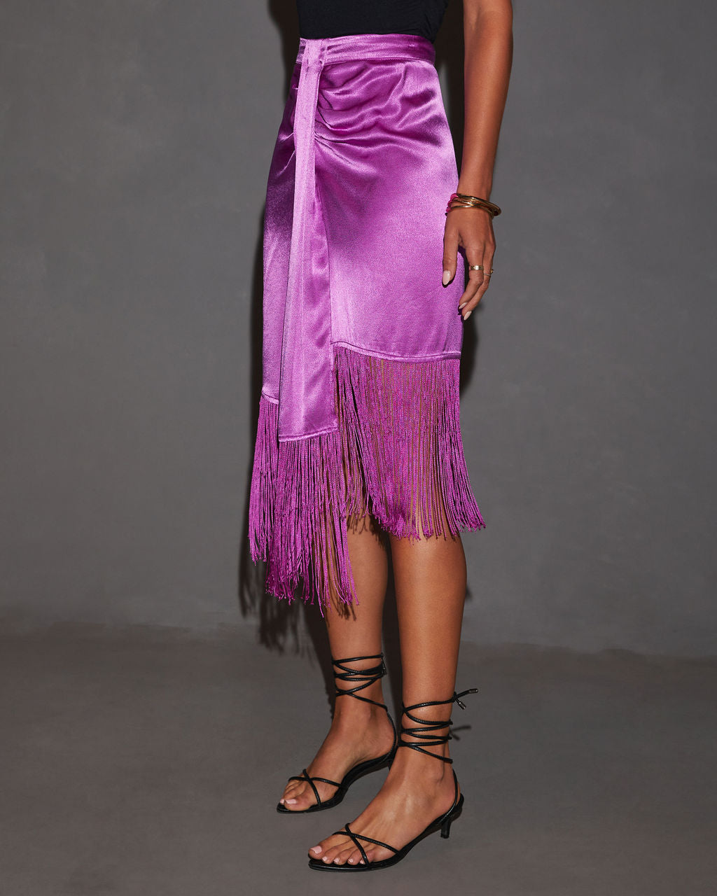 Soleni Satin Fringe Hem Midi Skirt