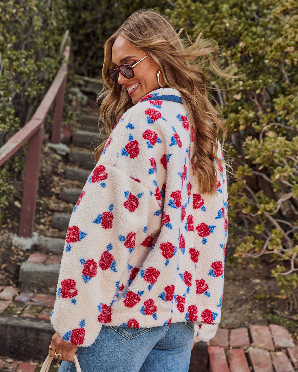 Adilia Printed Fleece Denim Trim Sweatshirt