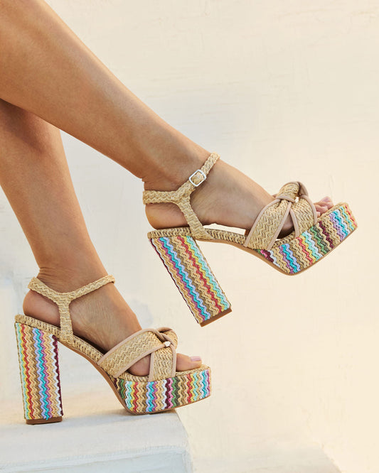 Vacay Vibes Multi Color Embroidered Platform Raffia Heels