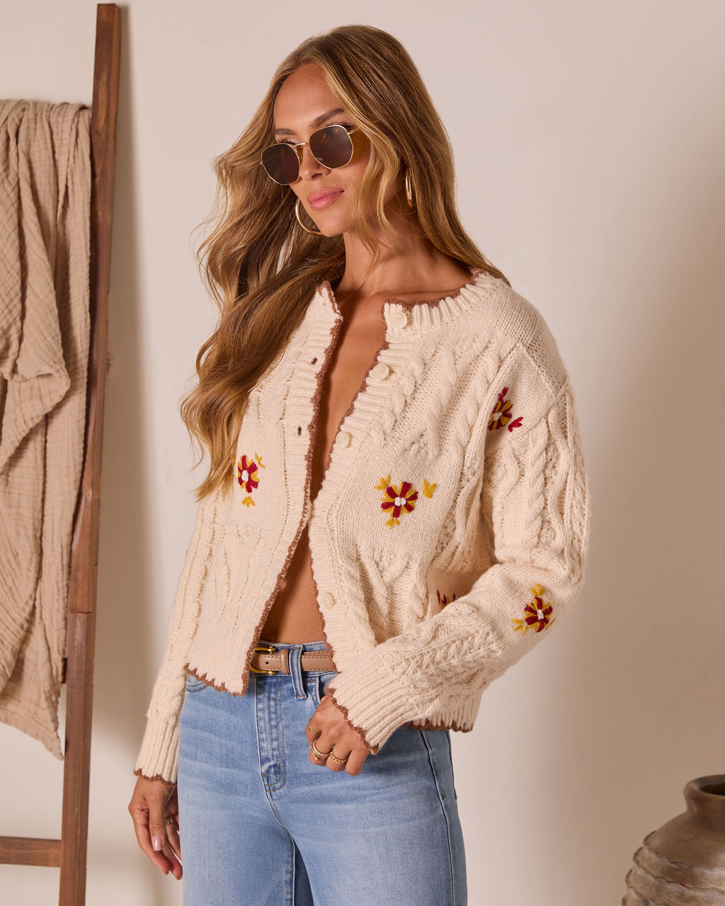 Brienna Embroidered Knit Crew Neck Cardigan
