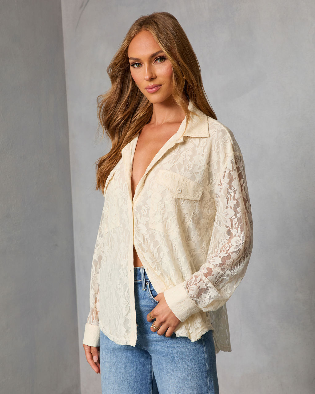 Sweet Noel Lace Button Down Top