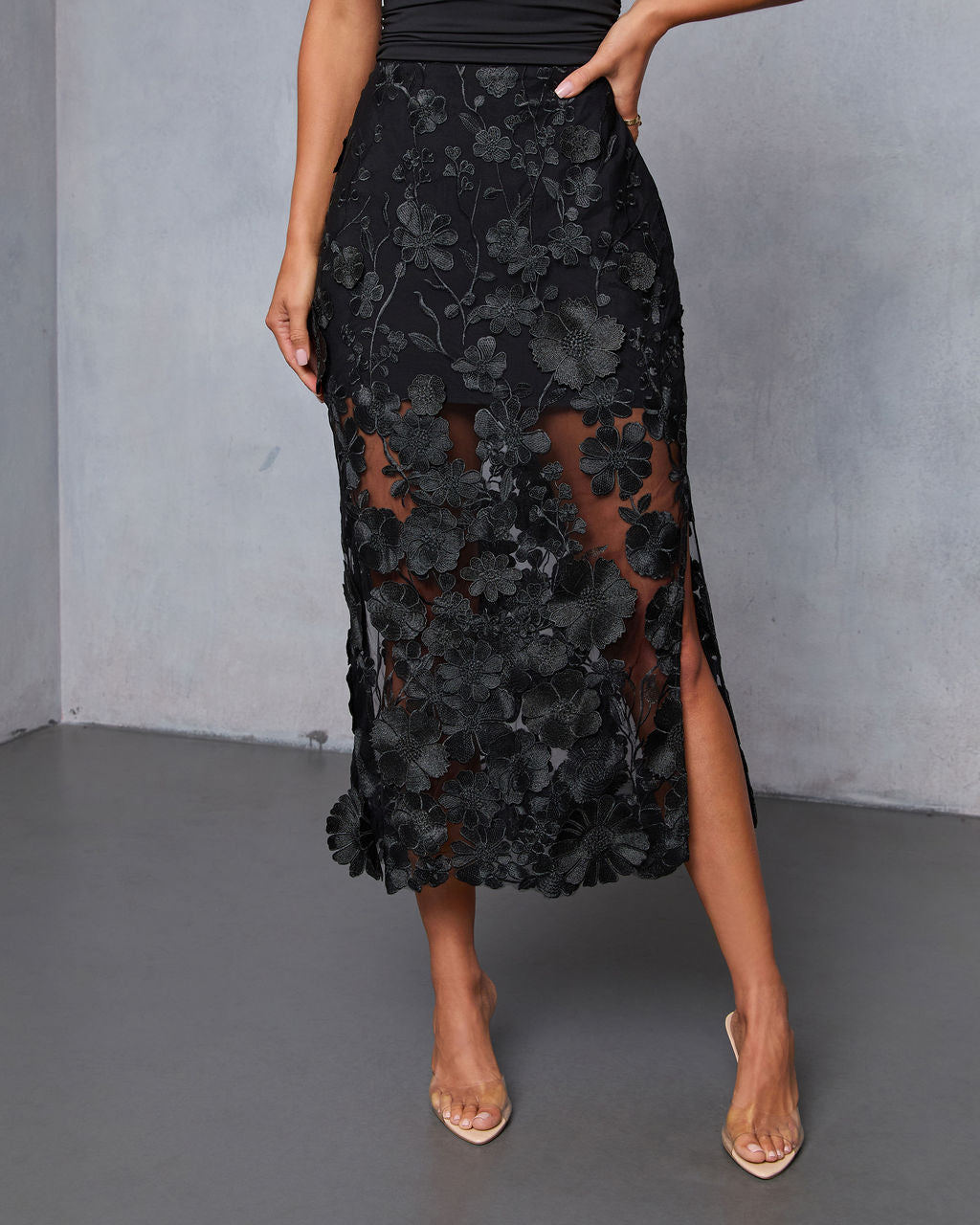 Nightsky Floral Applique Midi Skirt