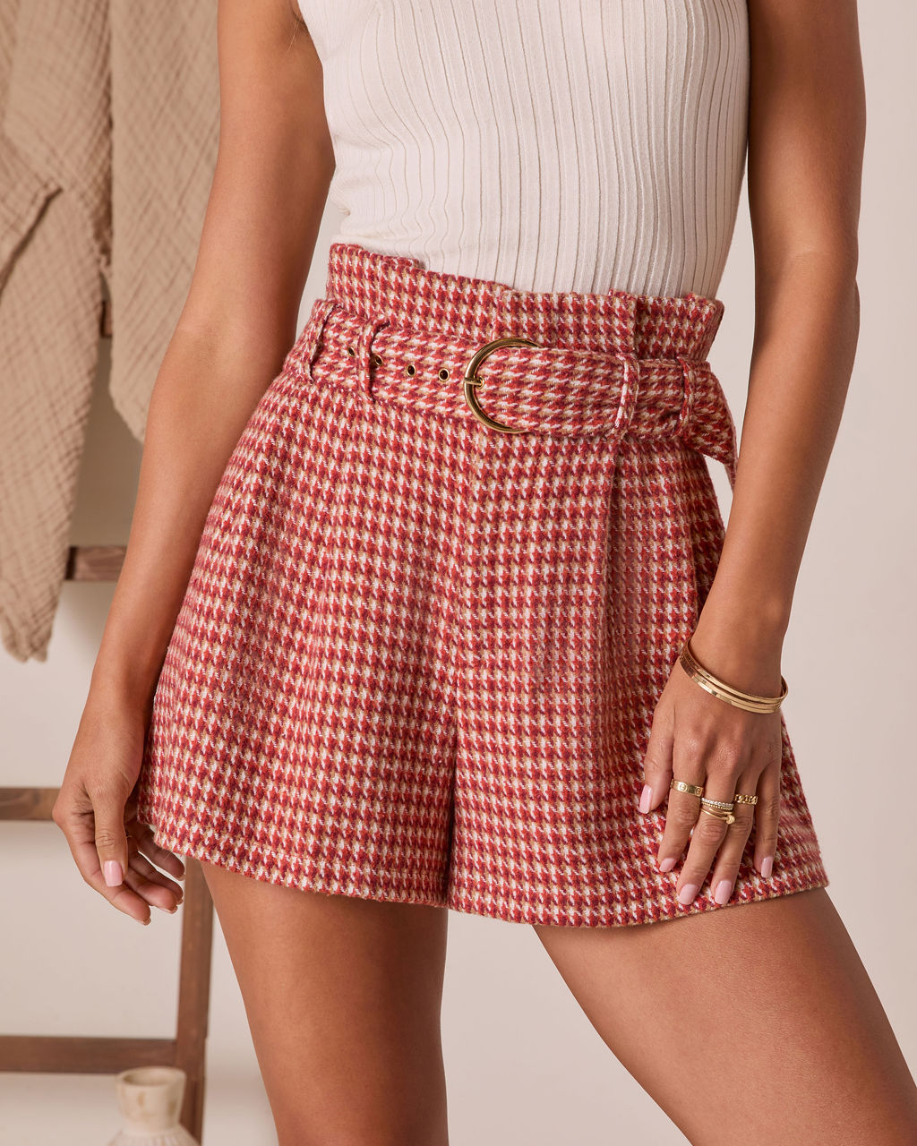 For The Record Houndstooth Belted Shorts