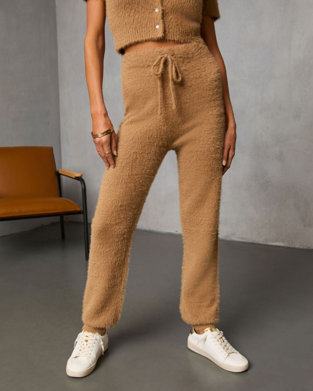 Chai Fall Fuzzy Knit High Rise Waist Tie Pants