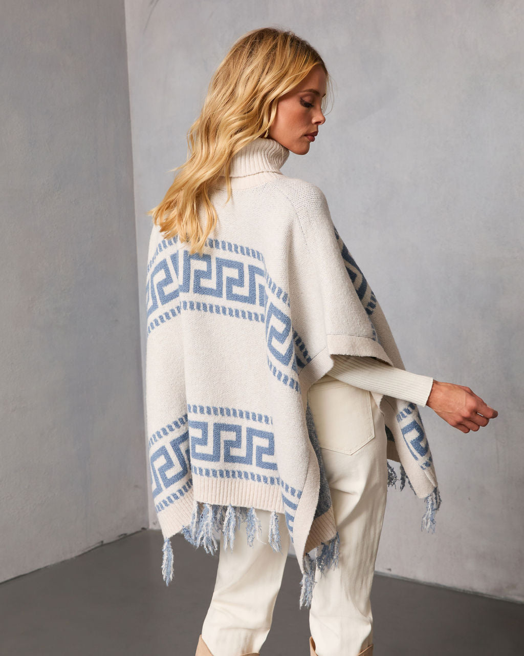 Maly Abstract Fringe Trim Poncho Sweater