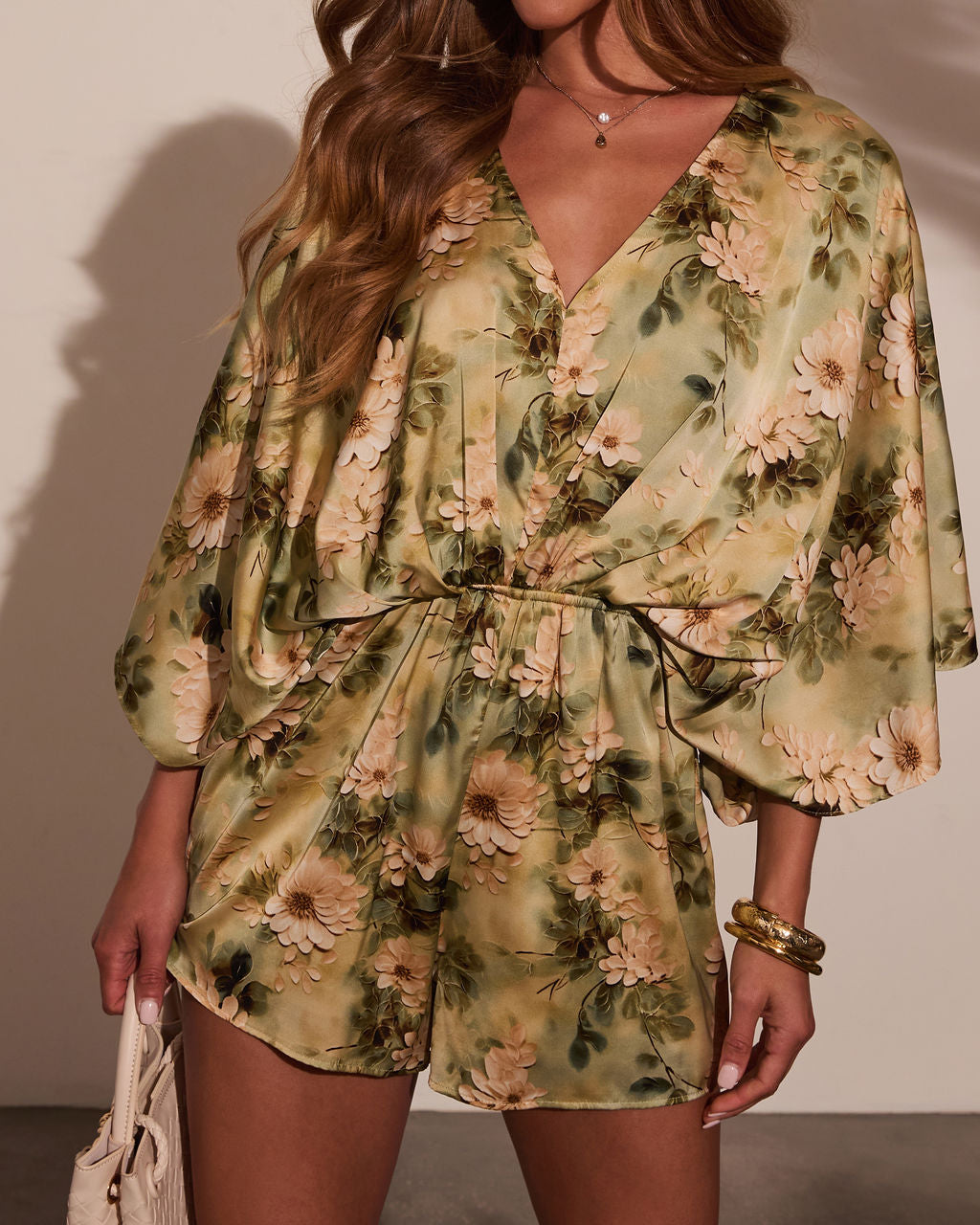 Jobelle Kimono Sleeve Printed Satin Romper