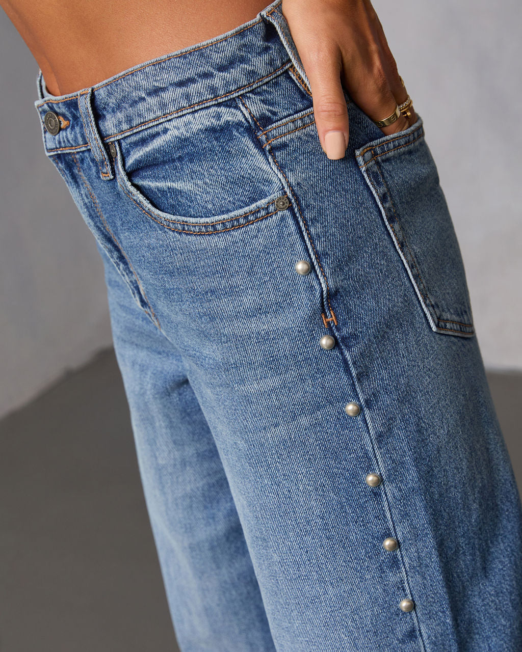 Burnt Sugar Rigid High Rise Stud Embellished Barrel Jeans