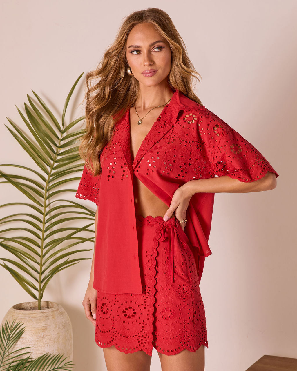 Riviera Reverie Eyelet Button Up Top