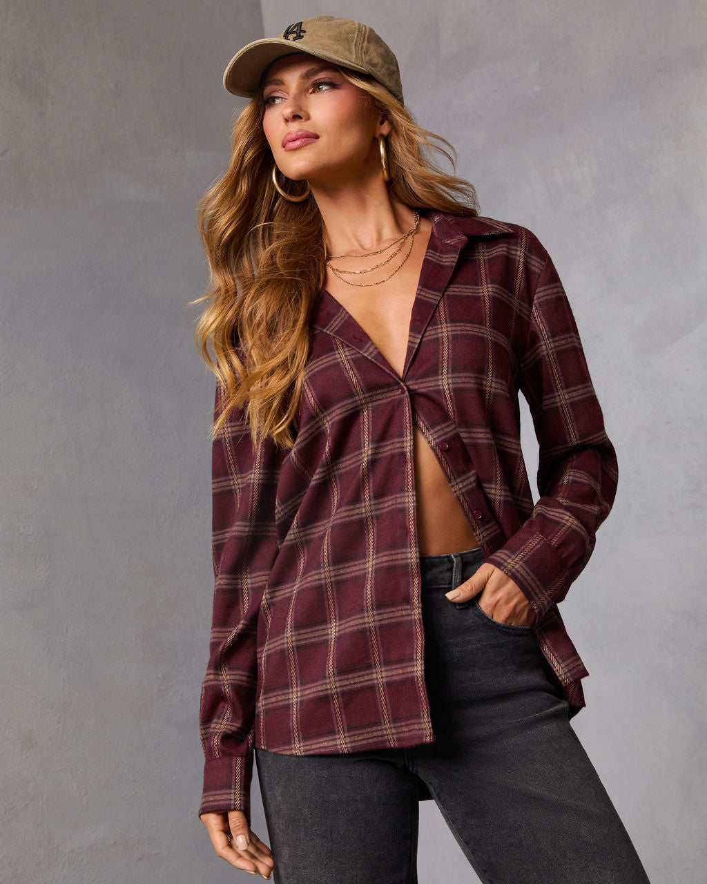 Muted Ember Plaid Button Down Top