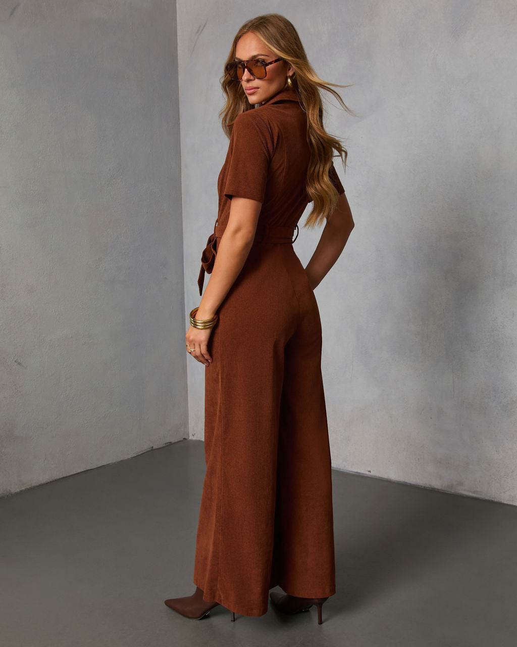 Warm Rust Tie Waist Corduroy Jumpsuit