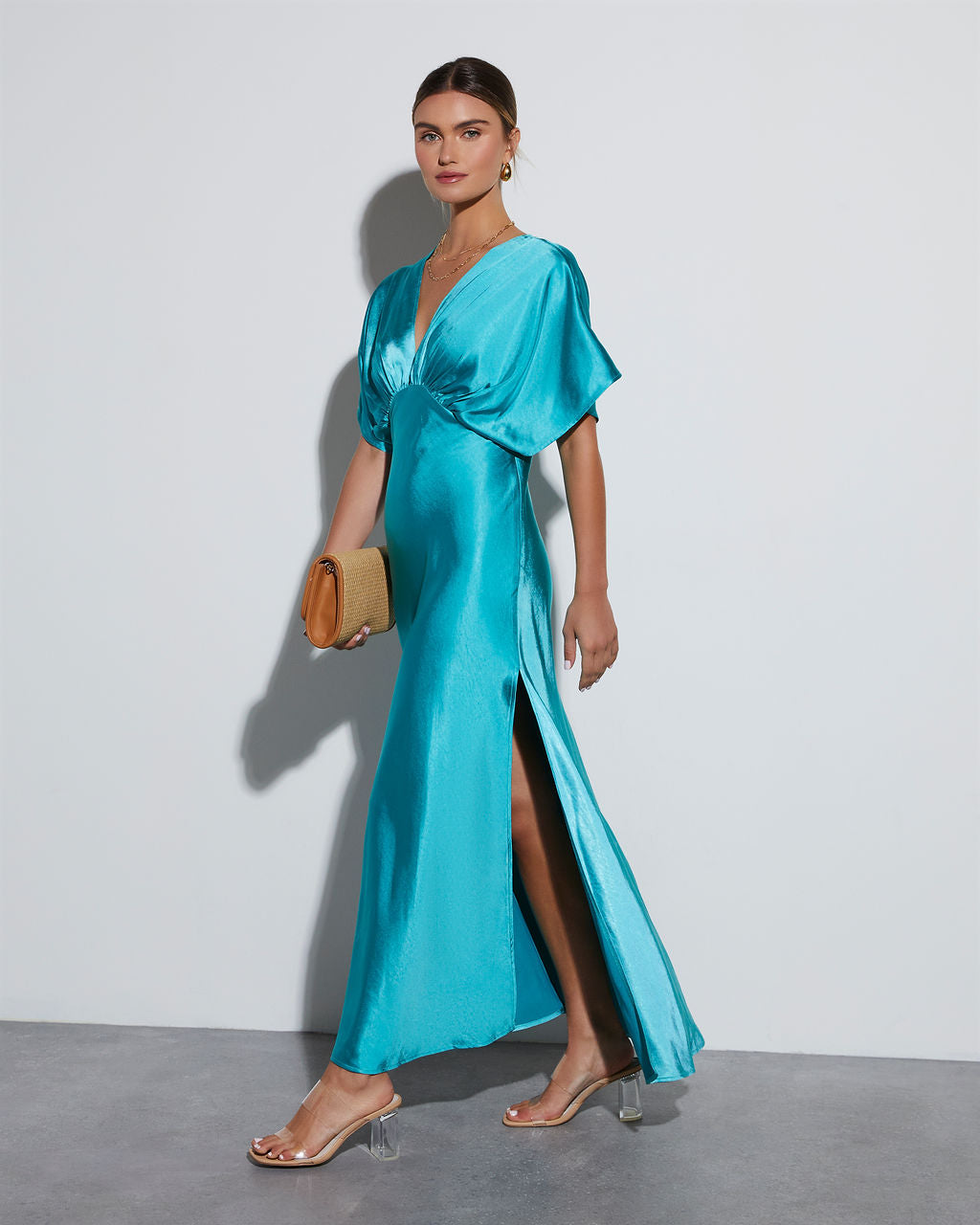 Theia Satin V-Neck Maxi Dress