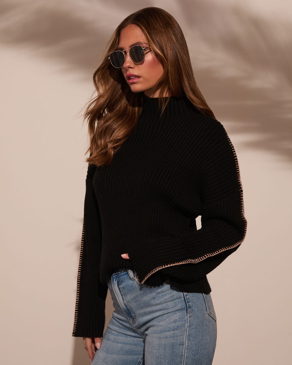 Anita Contrast Stitch Mock Neck Sweater