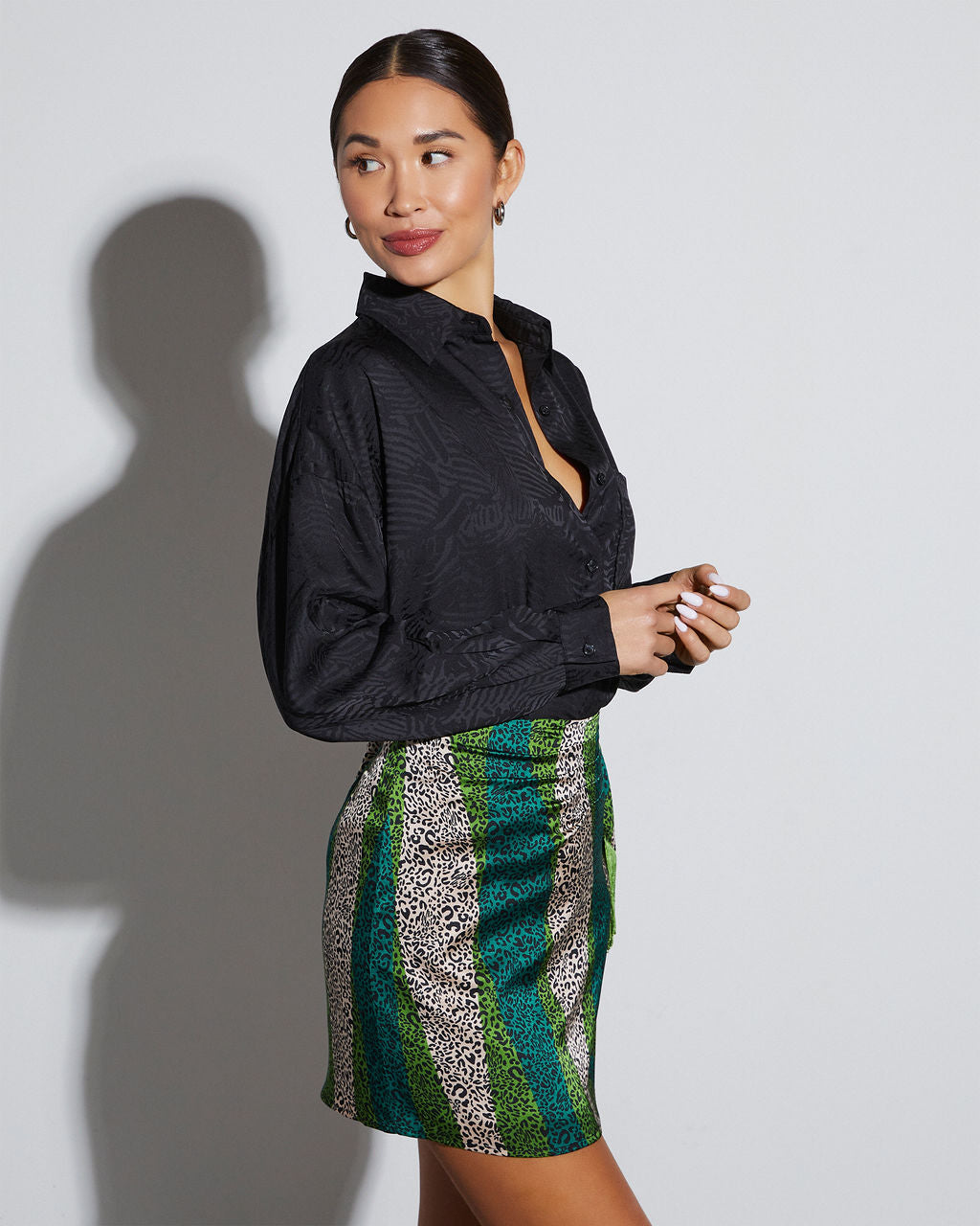 Sherlyn Satin Embossed Button Down Top