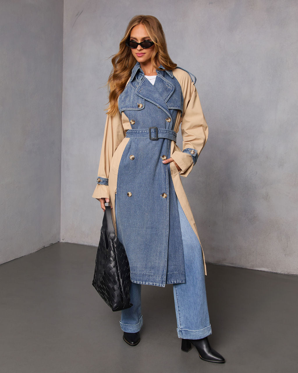 Fallen Oak Denim Contrast Trench Coat