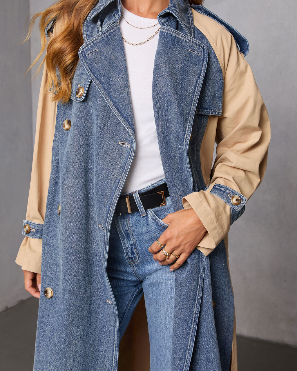 Fallen Oak Denim Contrast Trench Coat