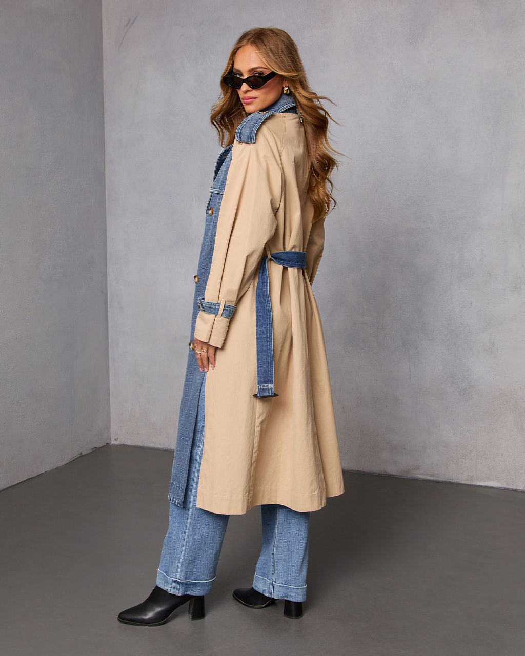 Fallen Oak Denim Contrast Trench Coat