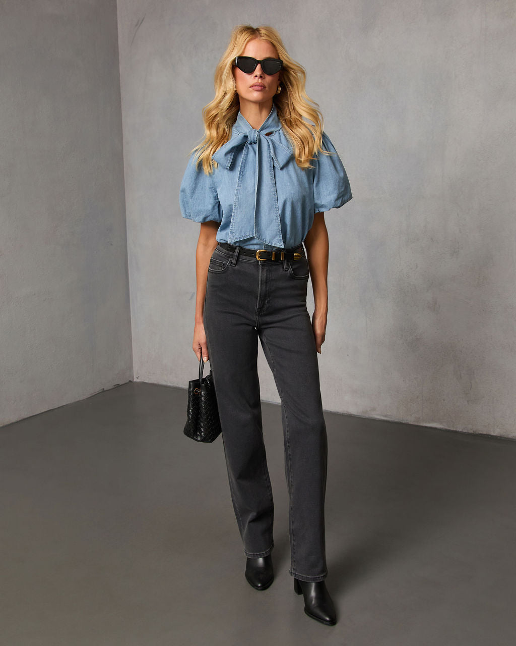 Elms Neck Tie Denim Top