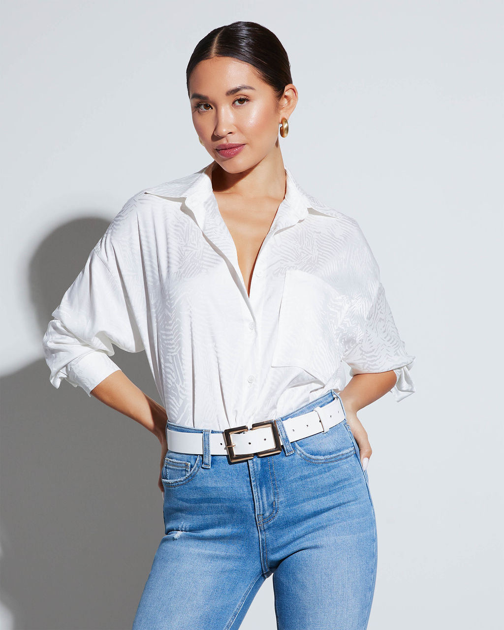Sherlyn Satin Embossed Button Down Top