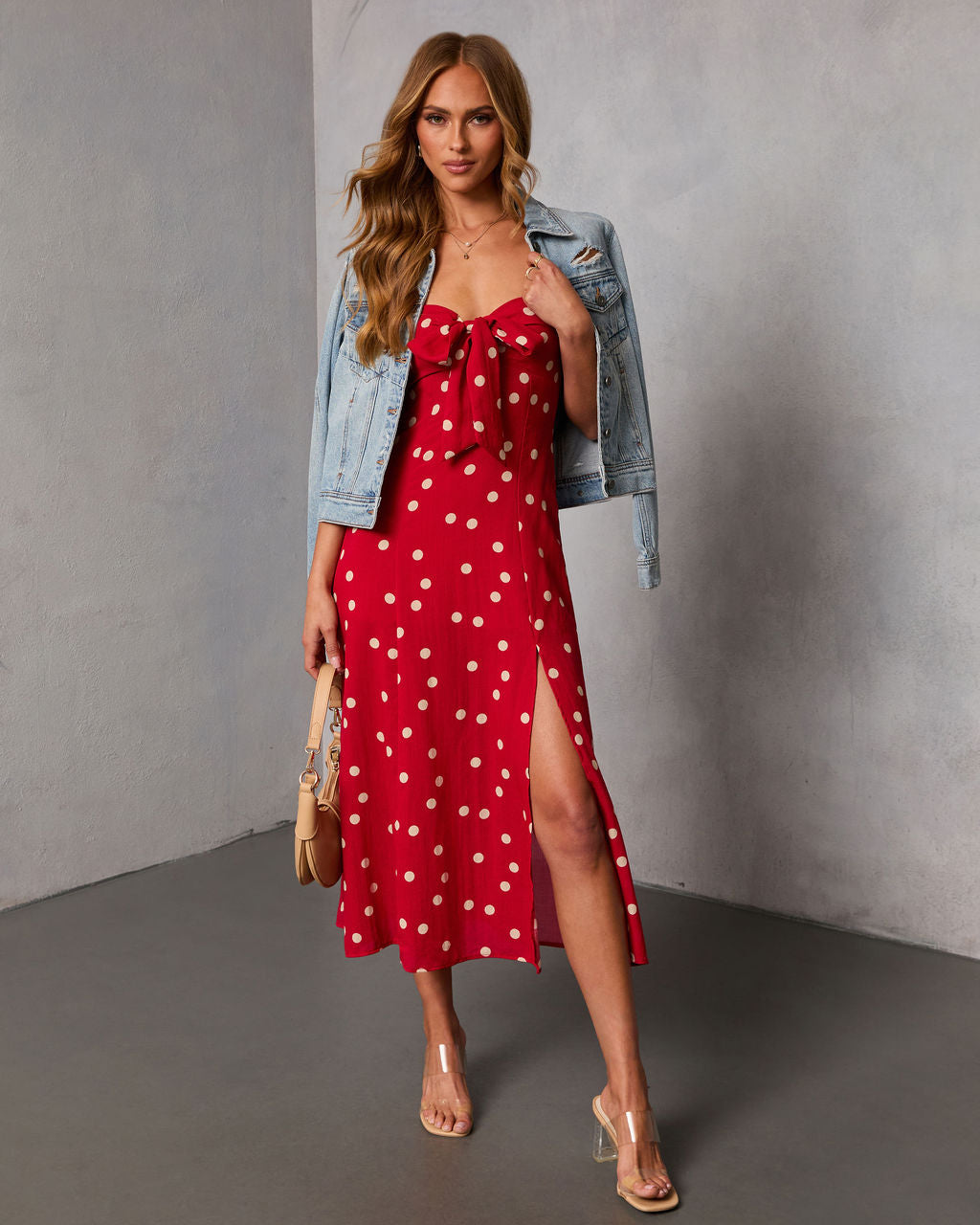 Eirah Strapless Cut Out Polka Dot Midi Dress