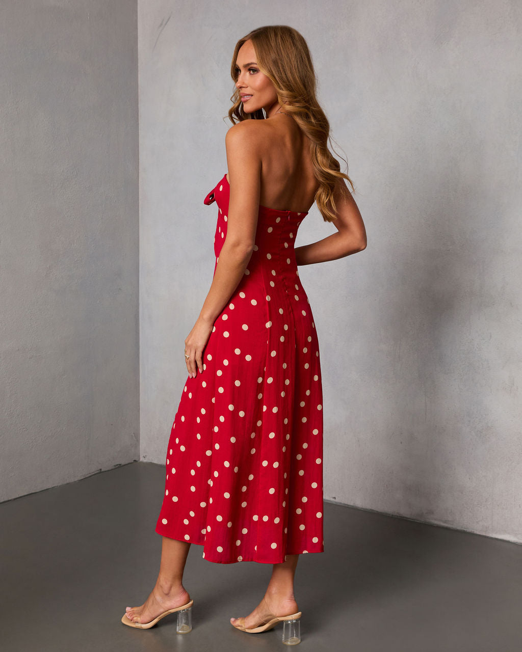 Eirah Strapless Cut Out Polka Dot Midi Dress